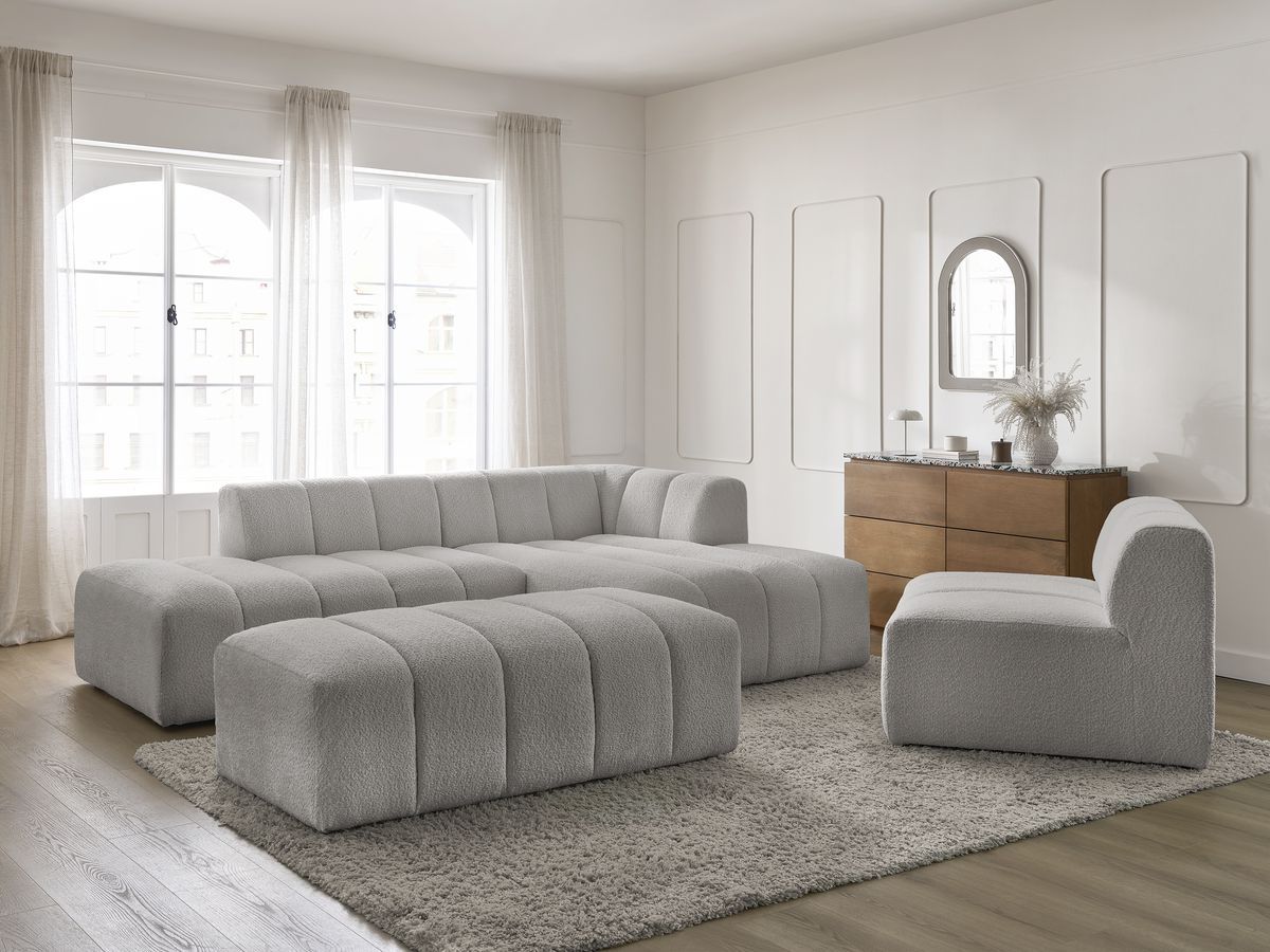 ANNECY modulaire vaste hoekbank in badstof met 1 enkele fauteuil en 1 poef