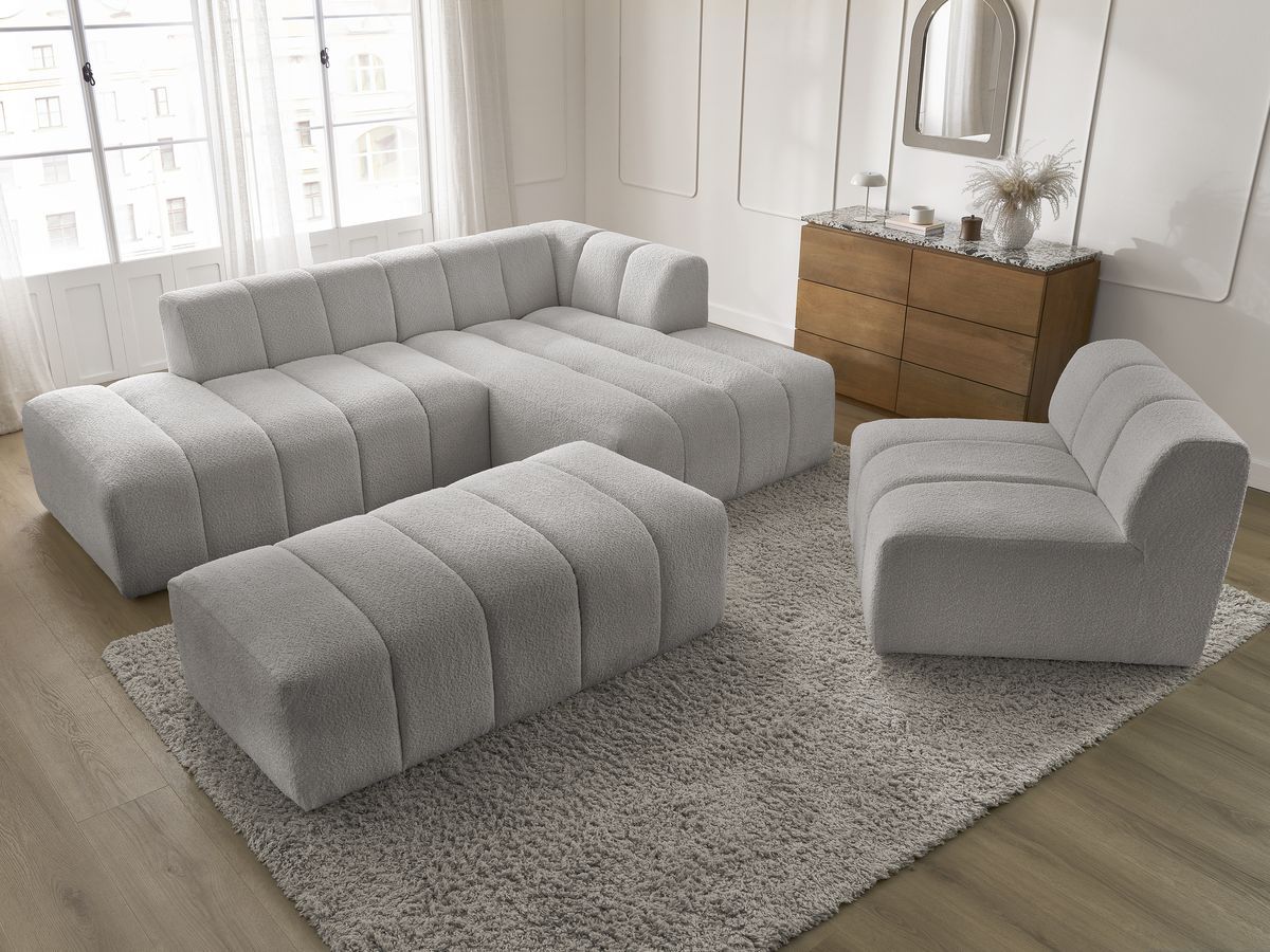 ANNECY modulaire vaste hoekbank in badstof met 1 enkele fauteuil en 1 poef