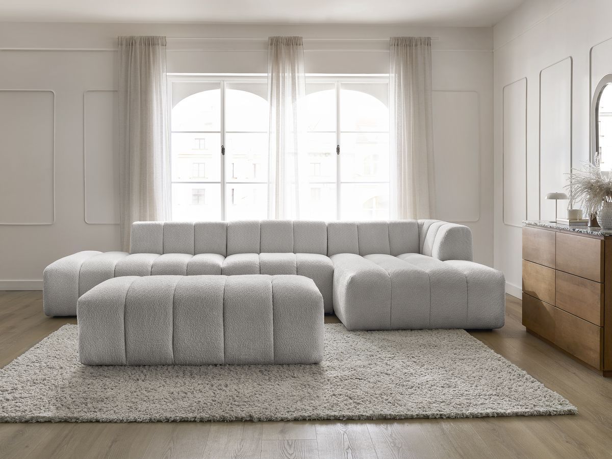 ANNECY modulaire vaste hoekbank in badstof met 1 enkele fauteuil en 1 poef