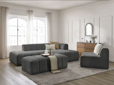 Canapé d'angle fixe modulable ANNECY tissu bouclette avec 1 chauffeuse 1 place et 1 pouf