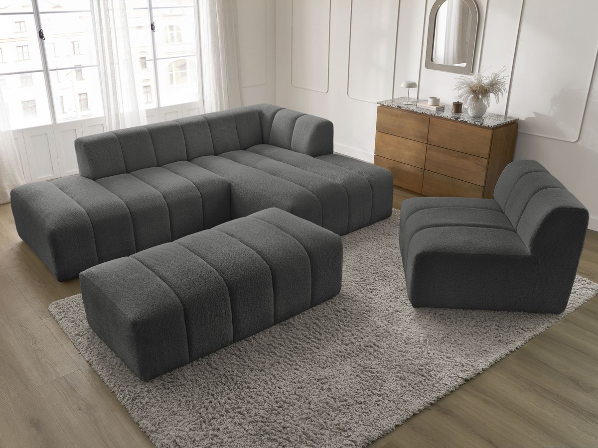 ANNECY modulaire vaste hoekbank in badstof met 1 enkele fauteuil en 1 poef