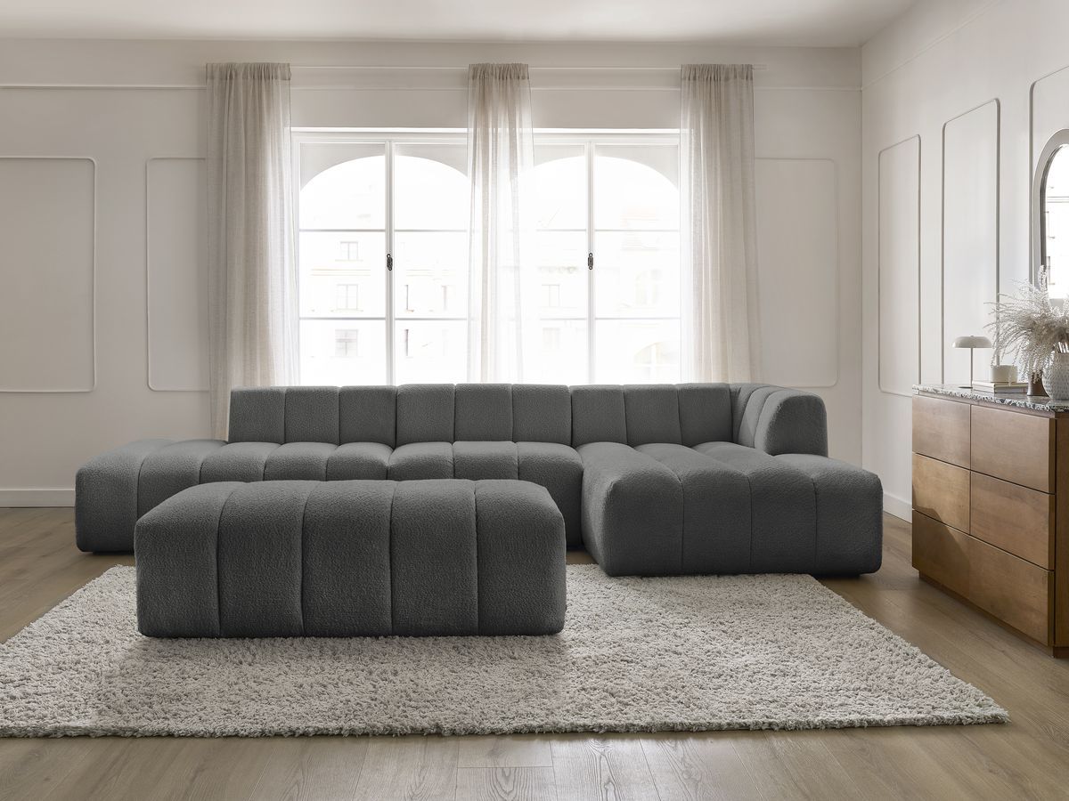 ANNECY modulaire vaste hoekbank in badstof met 1 enkele fauteuil en 1 poef