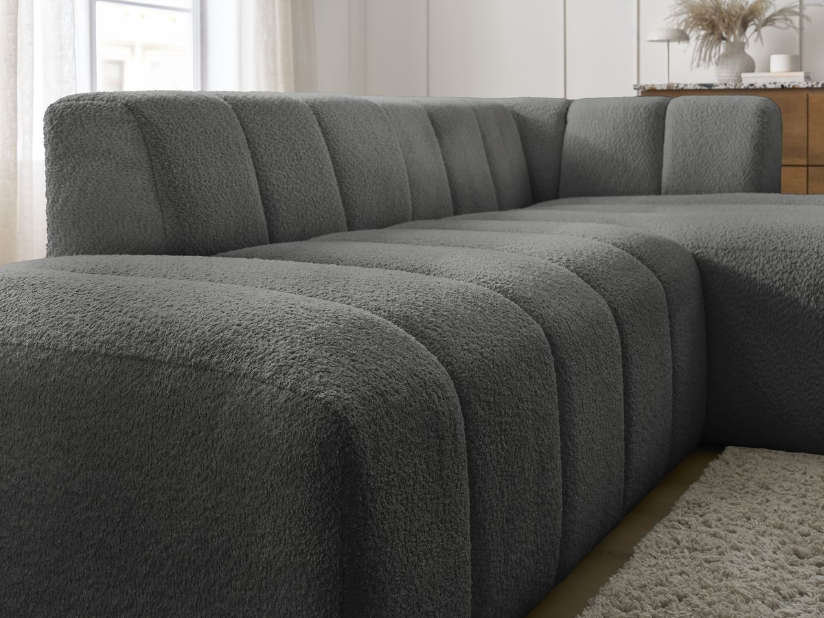 ANNECY modulaire vaste hoekbank in badstof met 1 enkele fauteuil en 1 poef