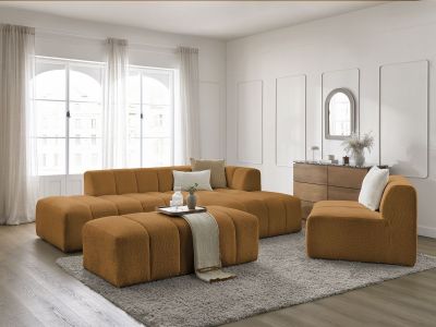 Canapé d'angle fixe modulable ANNECY tissu bouclette avec 1 chauffeuse 1 place et 1 pouf
