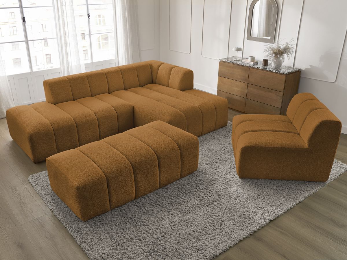 ANNECY modulaire vaste hoekbank in badstof met 1 enkele fauteuil en 1 poef