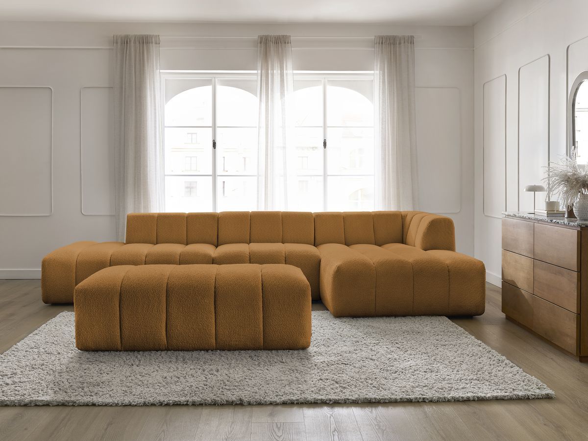 ANNECY modulaire vaste hoekbank in badstof met 1 enkele fauteuil en 1 poef