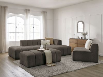 Canapé d'angle fixe modulable ANNECY tissu bouclette avec 1 chauffeuse 1 place et 1 pouf