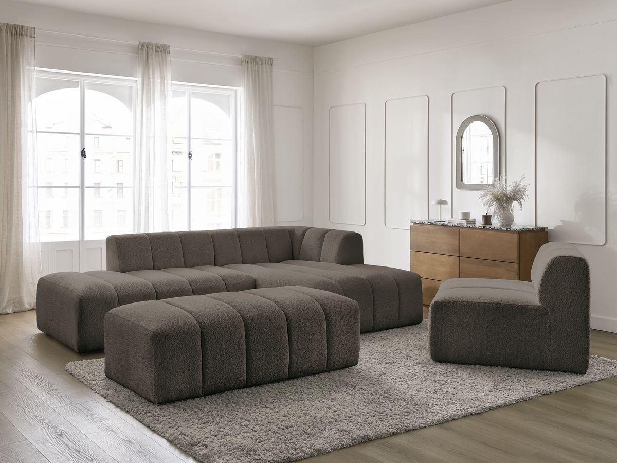 ANNECY modulaire vaste hoekbank in badstof met 1 enkele fauteuil en 1 poef