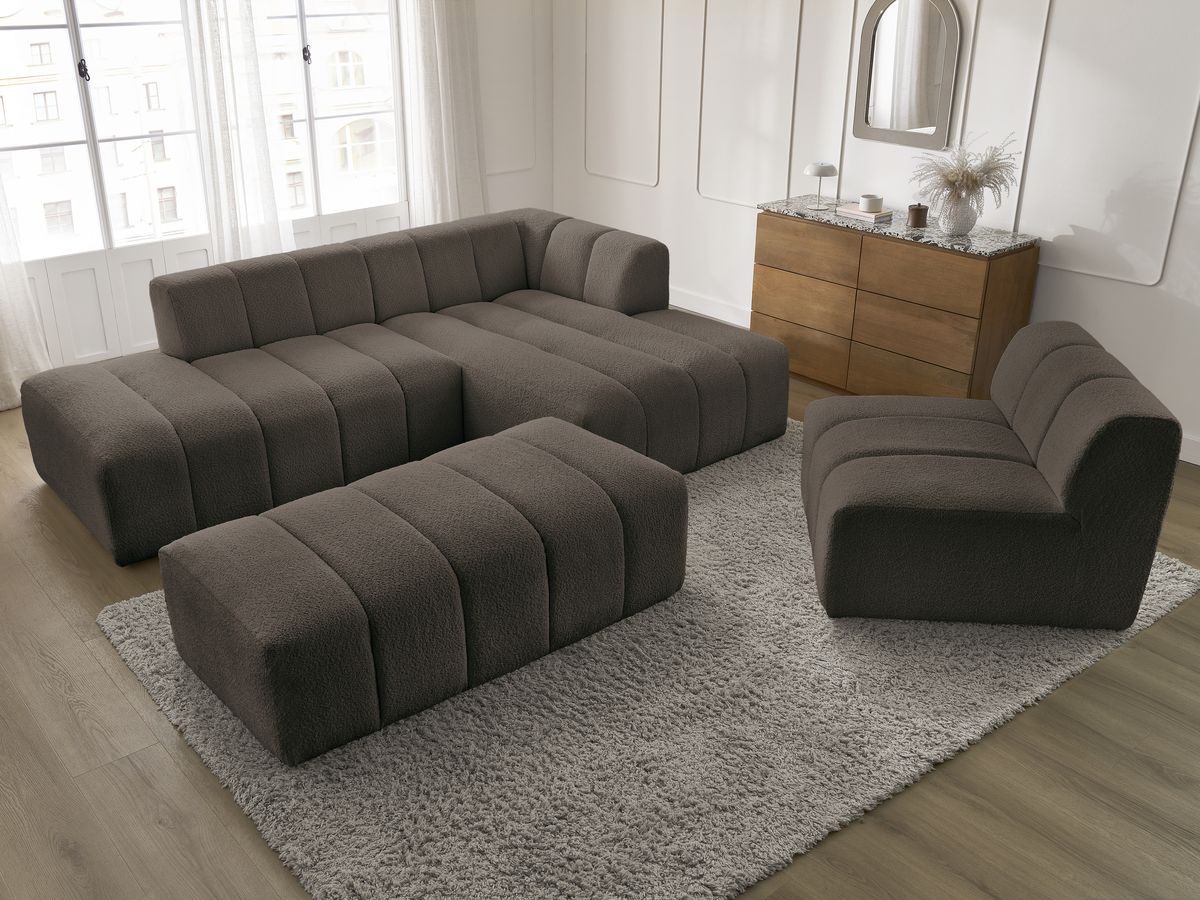 ANNECY modulaire vaste hoekbank in badstof met 1 enkele fauteuil en 1 poef