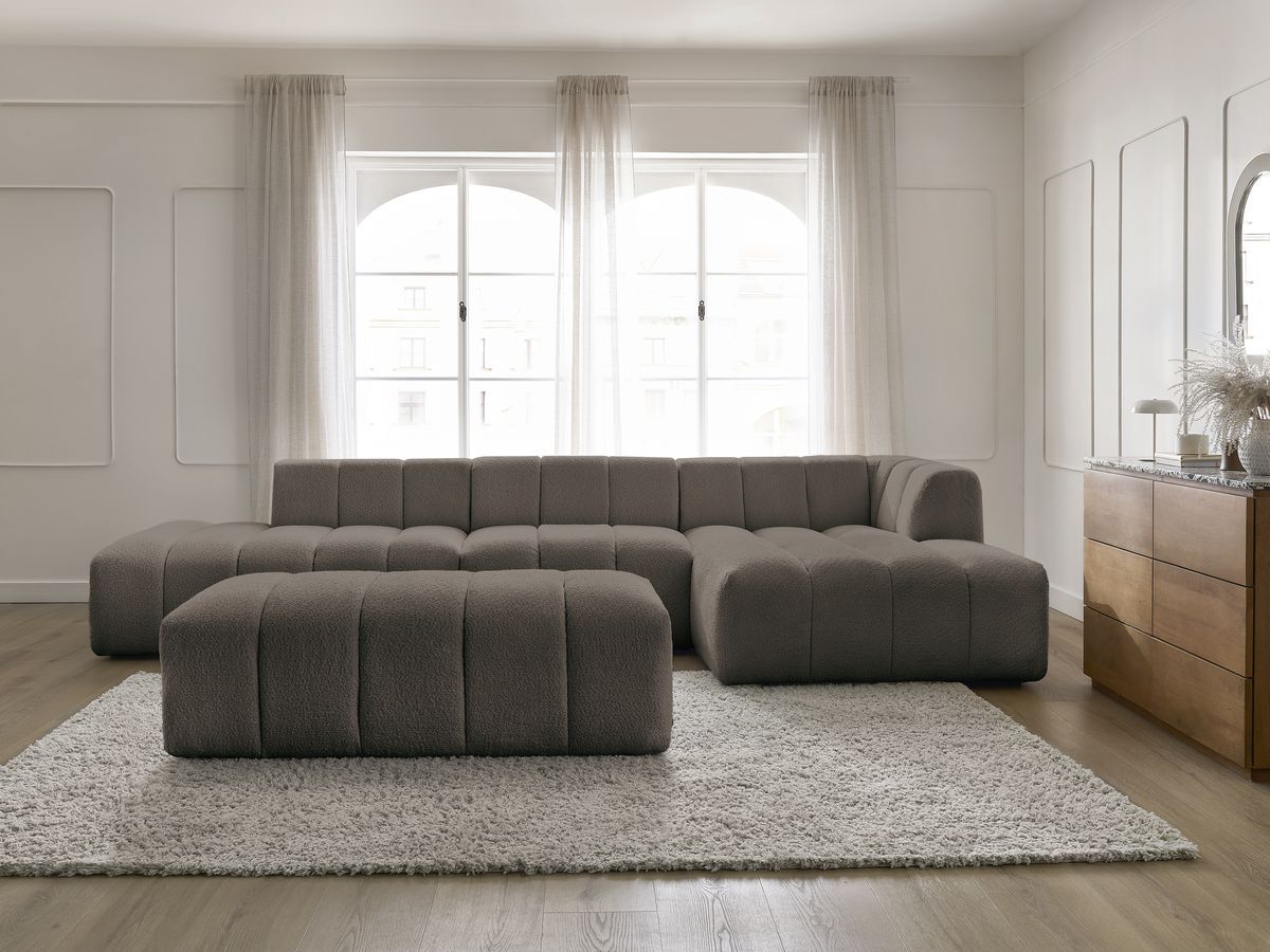 ANNECY modulaire vaste hoekbank in badstof met 1 enkele fauteuil en 1 poef