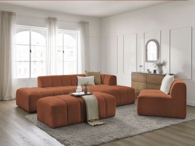 Canapé d'angle fixe modulable ANNECY tissu bouclette avec 1 chauffeuse 1 place et 1 pouf