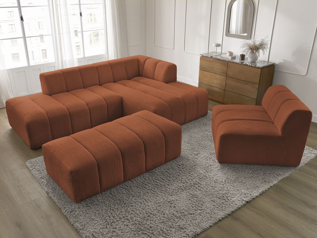 ANNECY modulaire vaste hoekbank in badstof met 1 enkele fauteuil en 1 poef