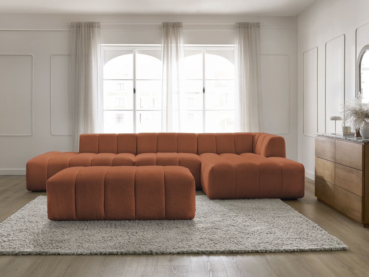 ANNECY modulaire vaste hoekbank in badstof met 1 enkele fauteuil en 1 poef