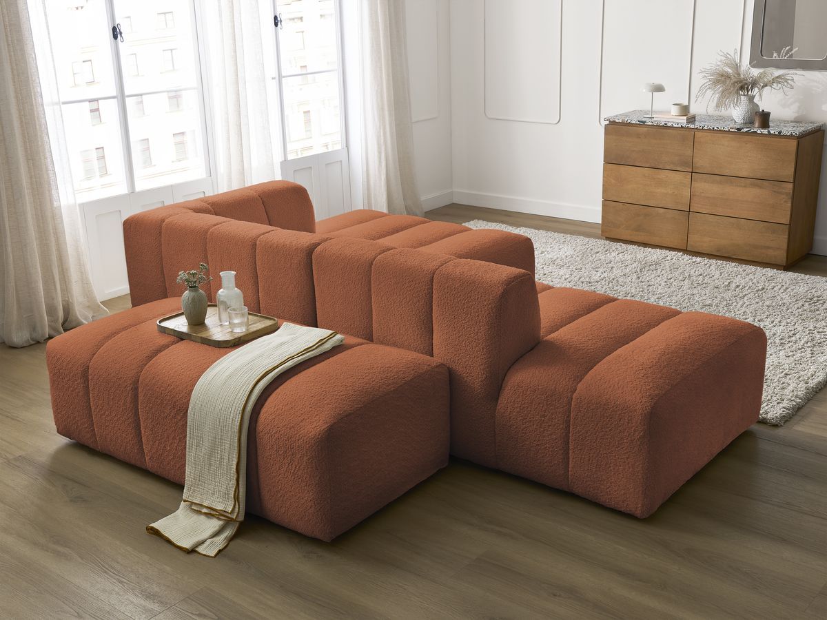 ANNECY modulaire vaste hoekbank in badstof met 1 enkele fauteuil en 1 poef