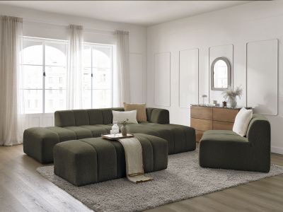 Canapé d'angle fixe modulable ANNECY tissu bouclette avec 1 chauffeuse 1 place et 1 pouf
