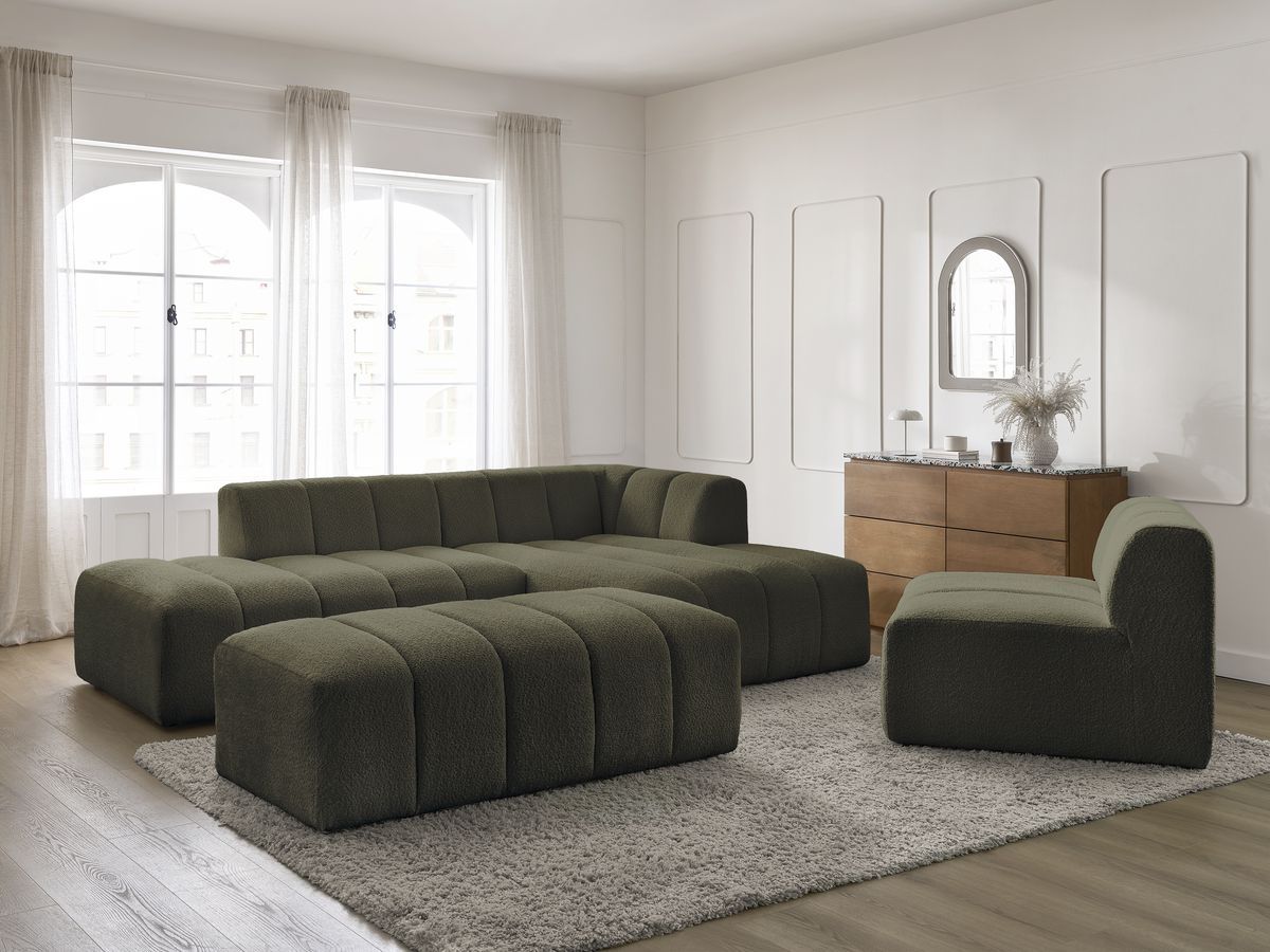ANNECY modulaire vaste hoekbank in badstof met 1 enkele fauteuil en 1 poef