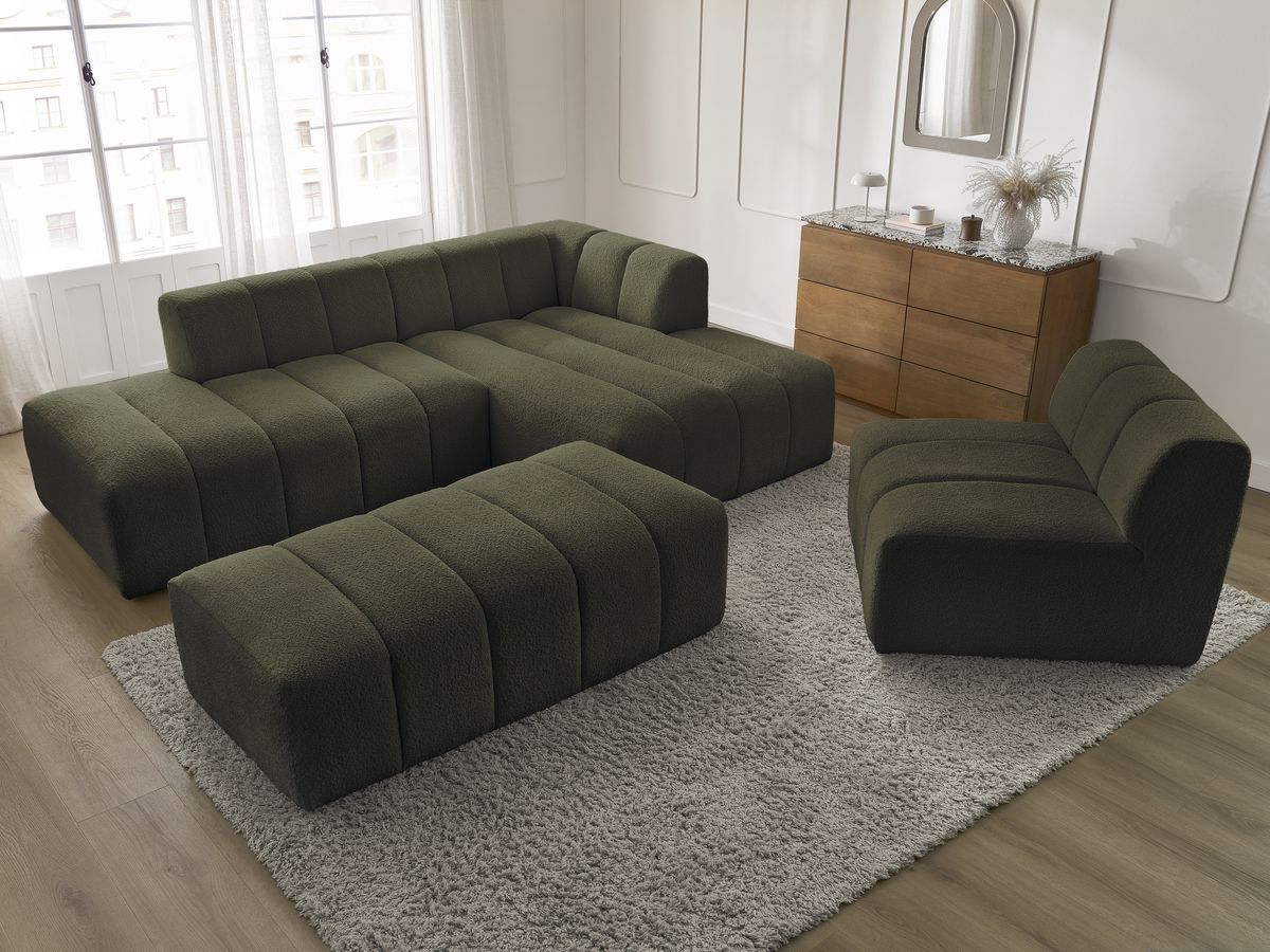 ANNECY modulaire vaste hoekbank in badstof met 1 enkele fauteuil en 1 poef