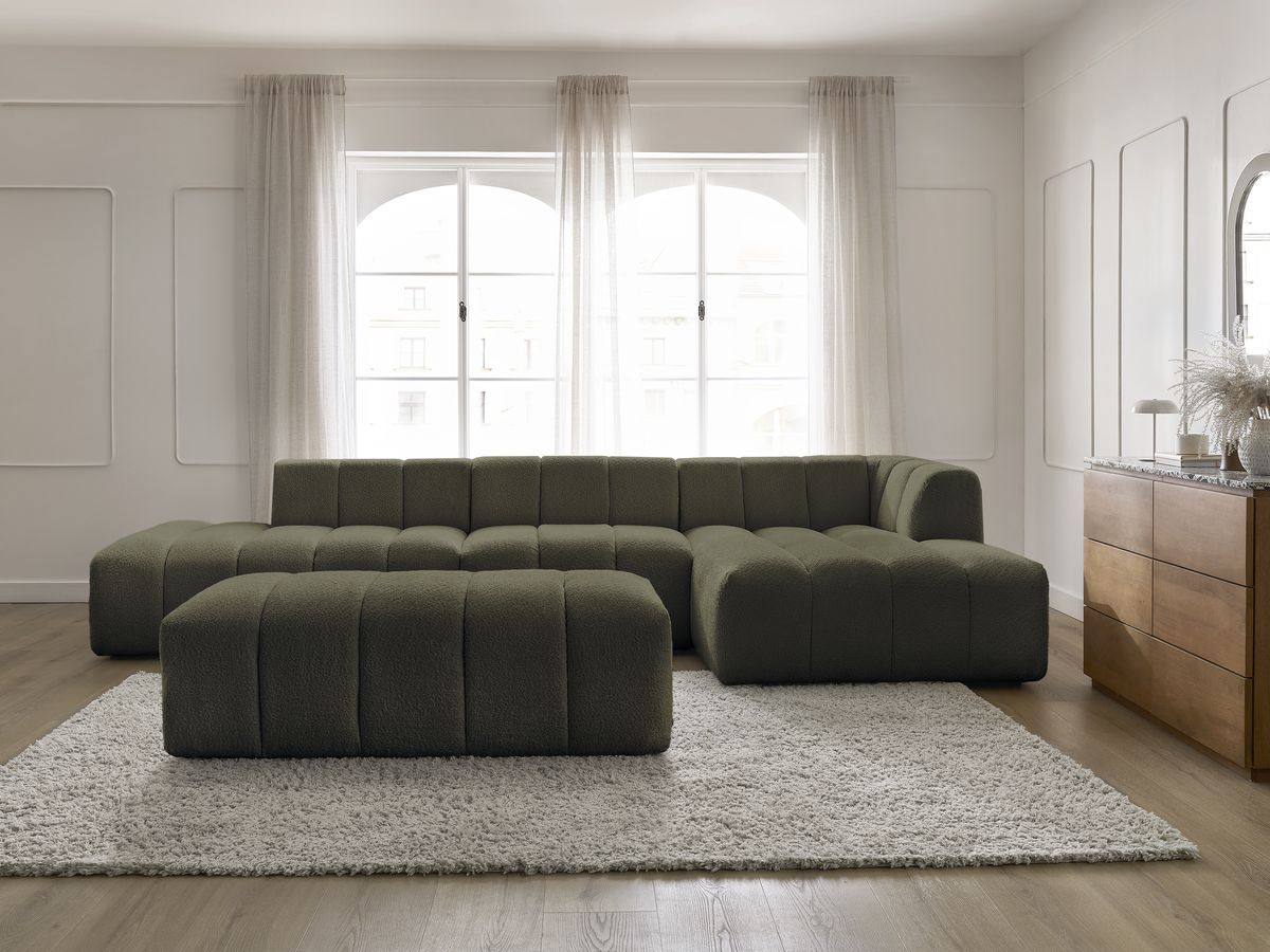 ANNECY modulaire vaste hoekbank in badstof met 1 enkele fauteuil en 1 poef