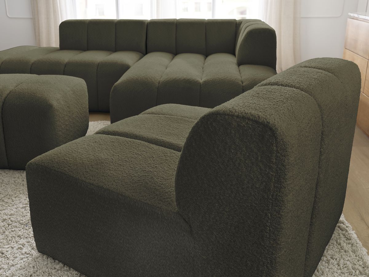 ANNECY modulaire vaste hoekbank in badstof met 1 enkele fauteuil en 1 poef