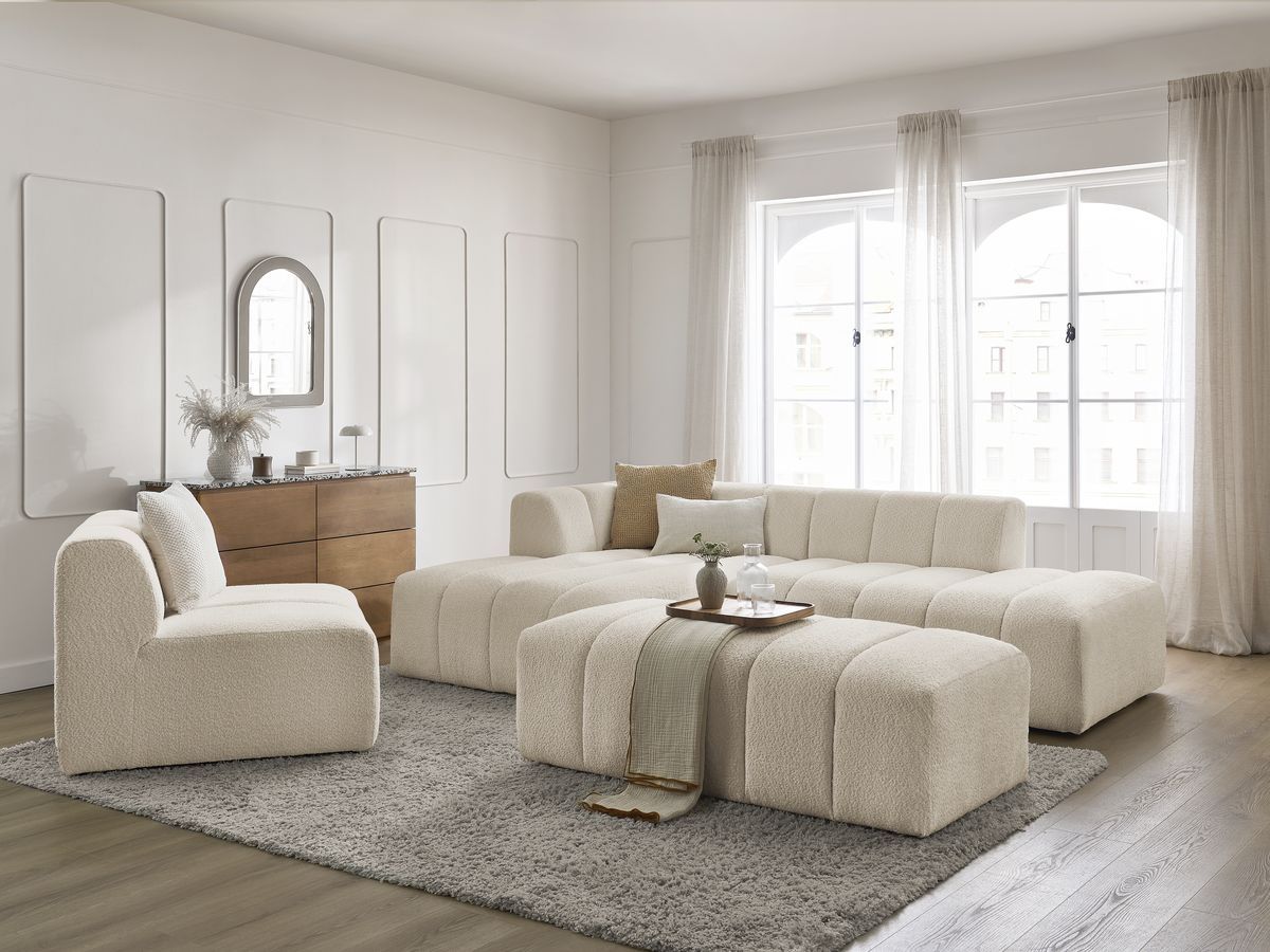 ANNECY modulaire vaste hoekbank in badstof met 1 enkele fauteuil en 1 poef