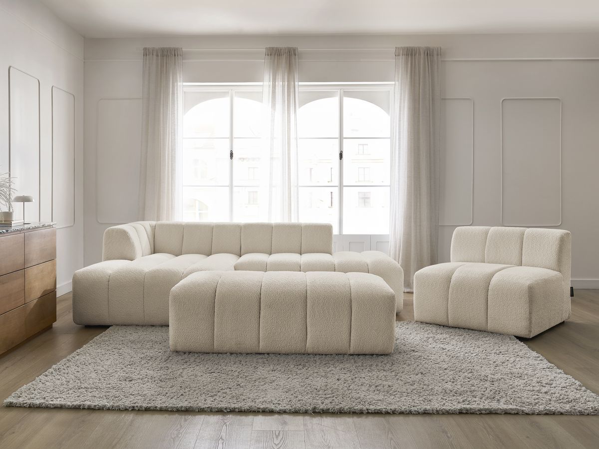 Canapé d'angle fixe modulable ANNECY tissu bouclette avec 1 chauffeuse 1 place et 1 pouf beige angle gauche BOBOCHIC 5 places - Vue supplémentaire 3
