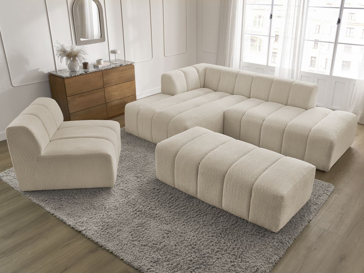 ANNECY modulaire vaste hoekbank in badstof met 1 enkele fauteuil en 1 poef