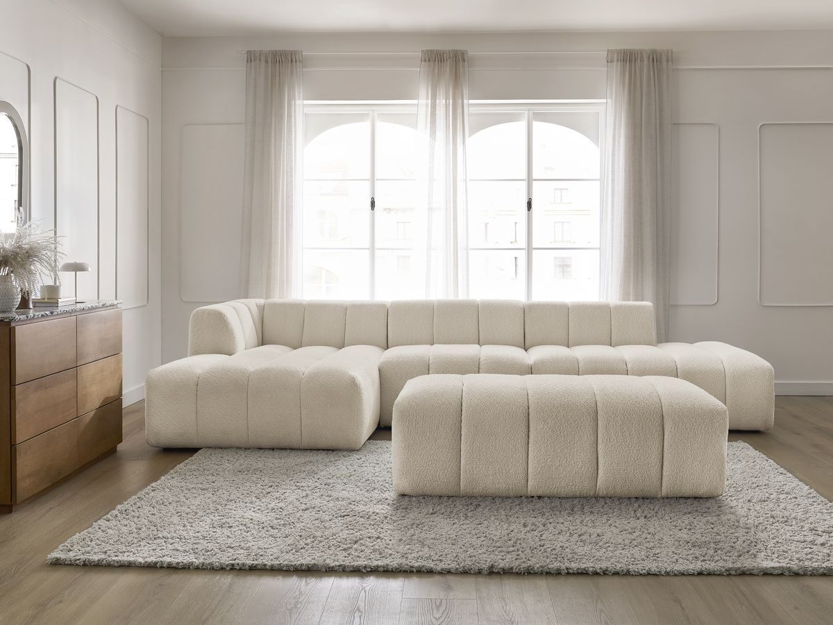 ANNECY modulaire vaste hoekbank in badstof met 1 enkele fauteuil en 1 poef