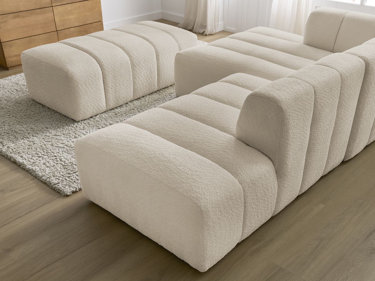 ANNECY modulaire vaste hoekbank in badstof met 1 enkele fauteuil en 1 poef
