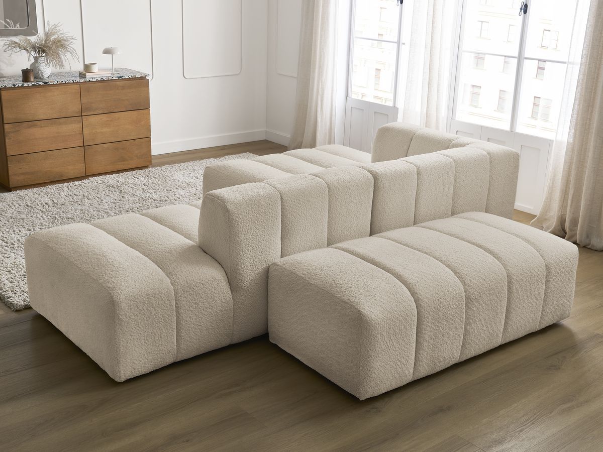 ANNECY modulaire vaste hoekbank in badstof met 1 enkele fauteuil en 1 poef