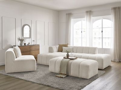 Canapé d'angle fixe modulable ANNECY tissu bouclette avec 1 chauffeuse 1 place et 1 pouf