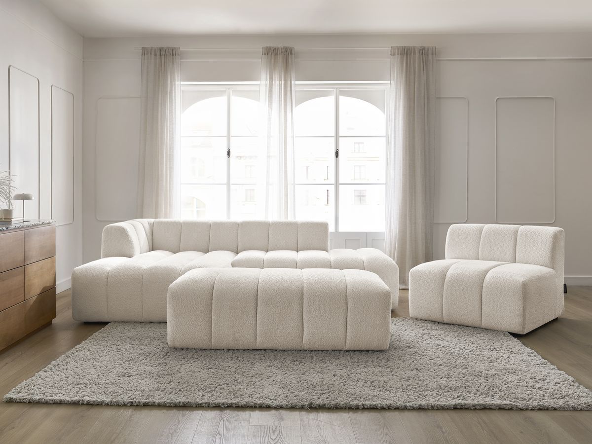 Canapé d'angle fixe modulable ANNECY tissu bouclette avec 1 chauffeuse 1 place et 1 pouf blanc angle gauche BOBOCHIC 5 places - Vue supplémentaire 3