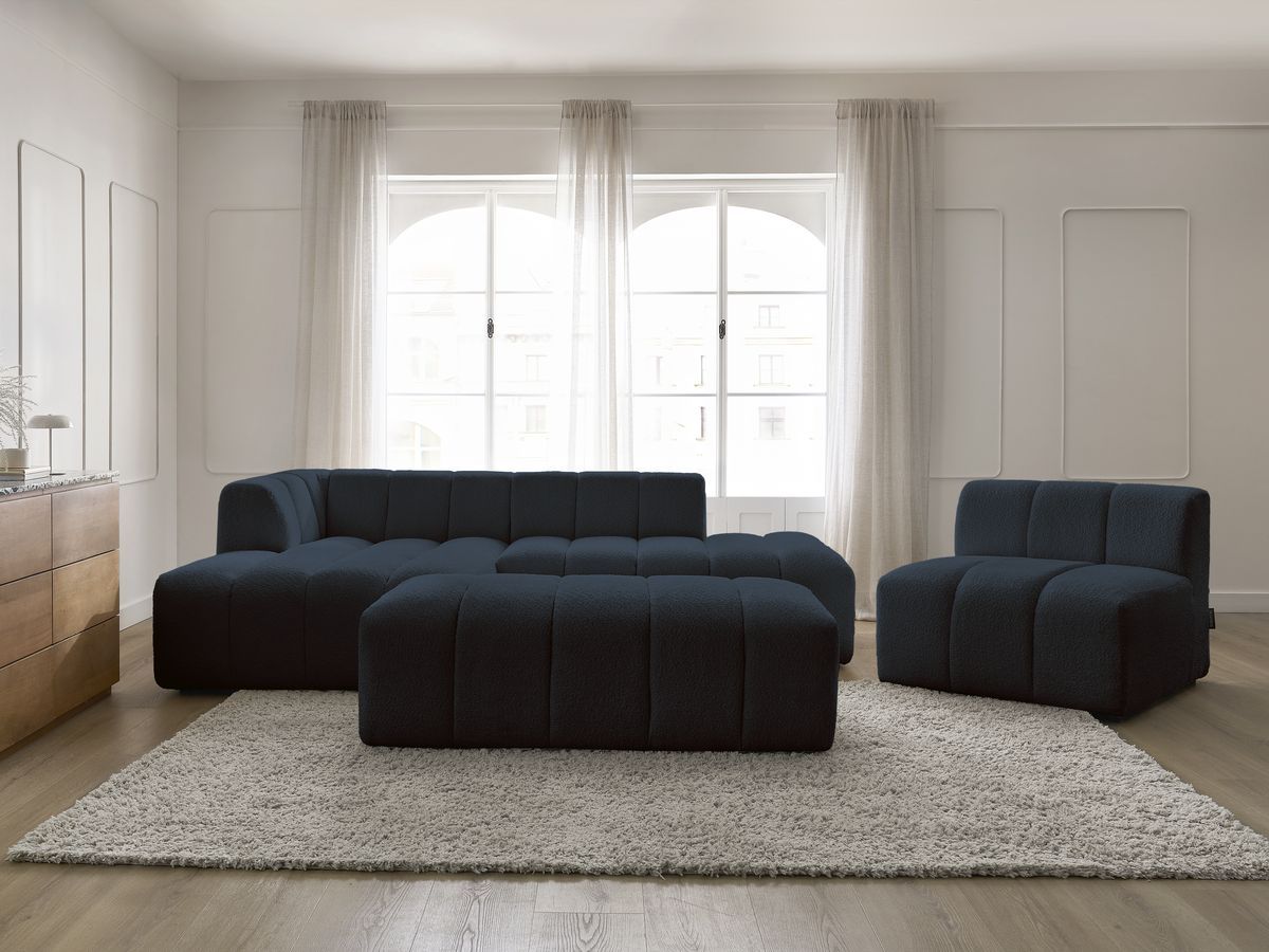 Canapé d'angle fixe modulable ANNECY tissu bouclette avec 1 chauffeuse 1 place et 1 pouf bleu foncé angle gauche BOBOCHIC 5 places - Vue supplémentaire 3