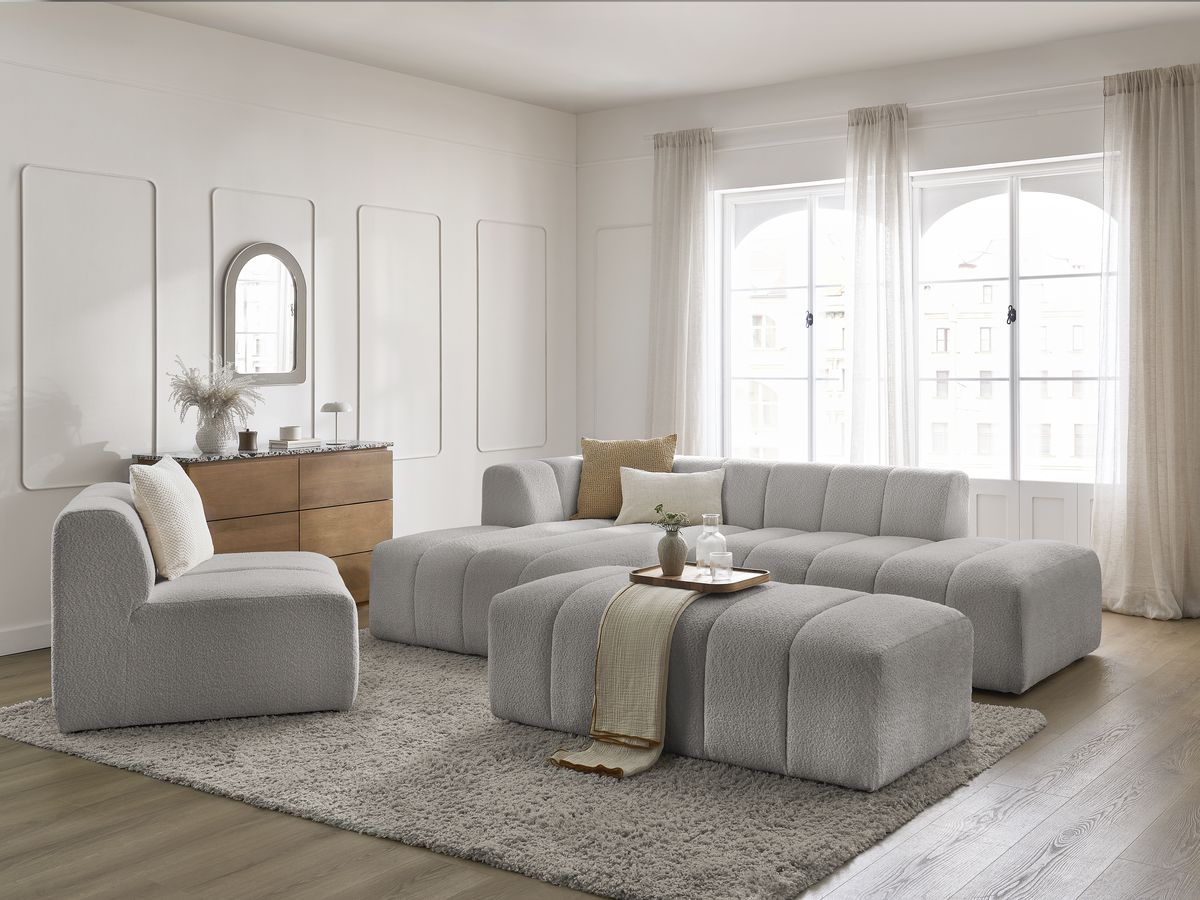 ANNECY modulaire vaste hoekbank in badstof met 1 enkele fauteuil en 1 poef