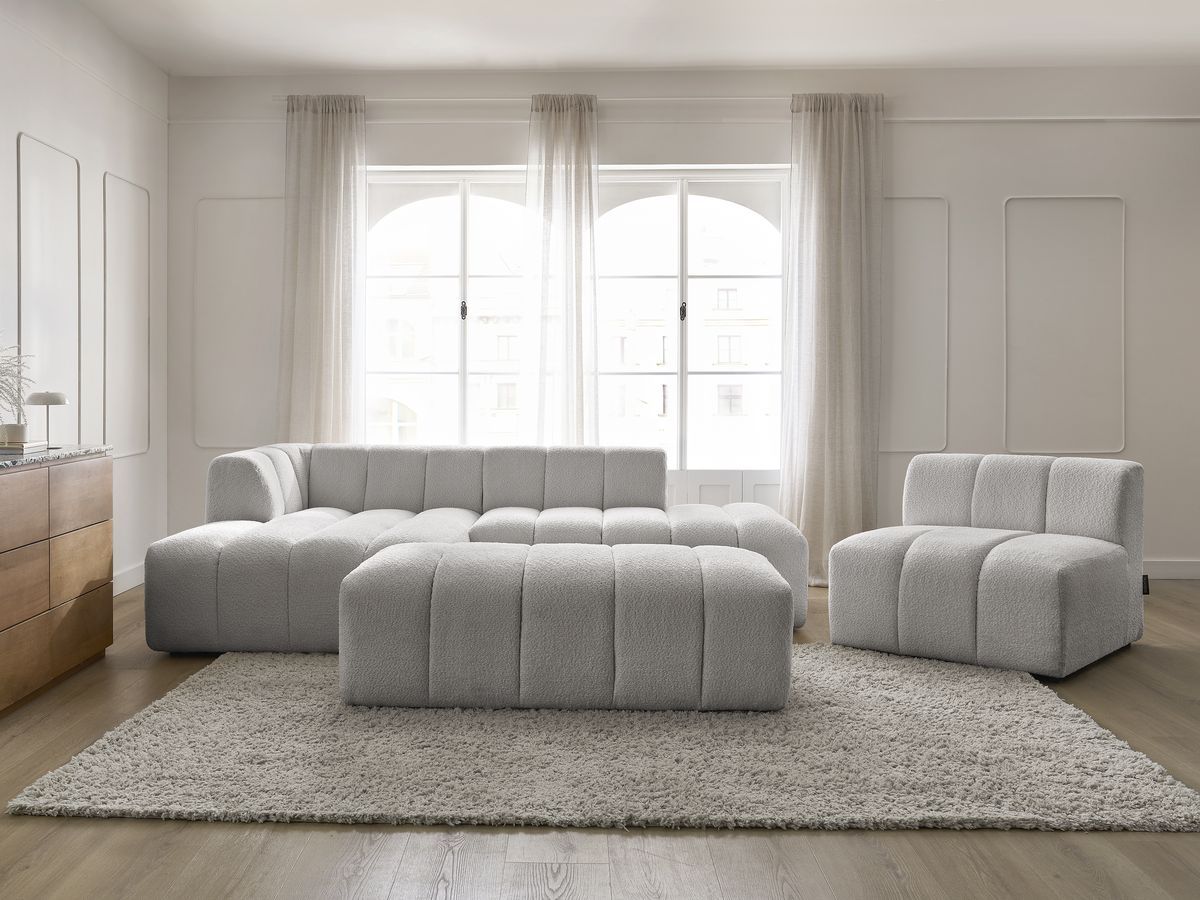 Canapé d'angle fixe modulable ANNECY tissu bouclette avec 1 chauffeuse 1 place et 1 pouf gris clair angle gauche BOBOCHIC 5 places - Vue supplémentaire 3