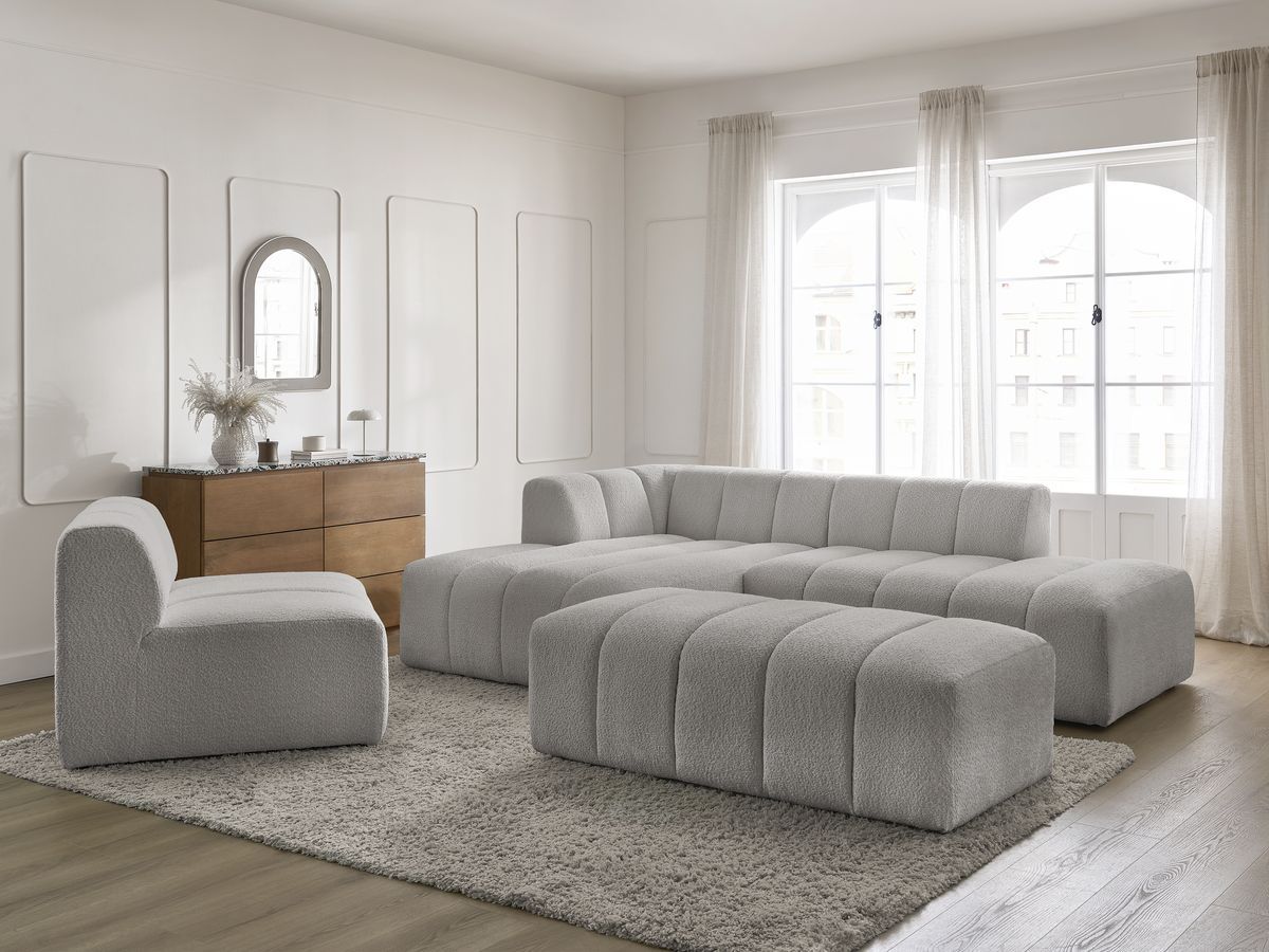 ANNECY modulaire vaste hoekbank in badstof met 1 enkele fauteuil en 1 poef