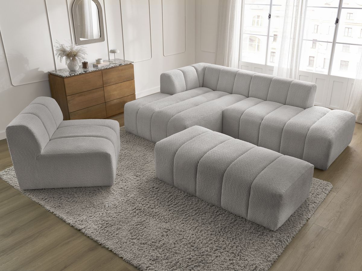 ANNECY modulaire vaste hoekbank in badstof met 1 enkele fauteuil en 1 poef