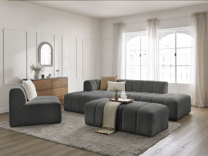 Canapé d'angle fixe modulable ANNECY tissu bouclette avec 1 chauffeuse 1 place et 1 pouf