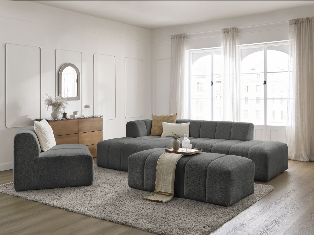 ANNECY modulaire vaste hoekbank in badstof met 1 enkele fauteuil en 1 poef
