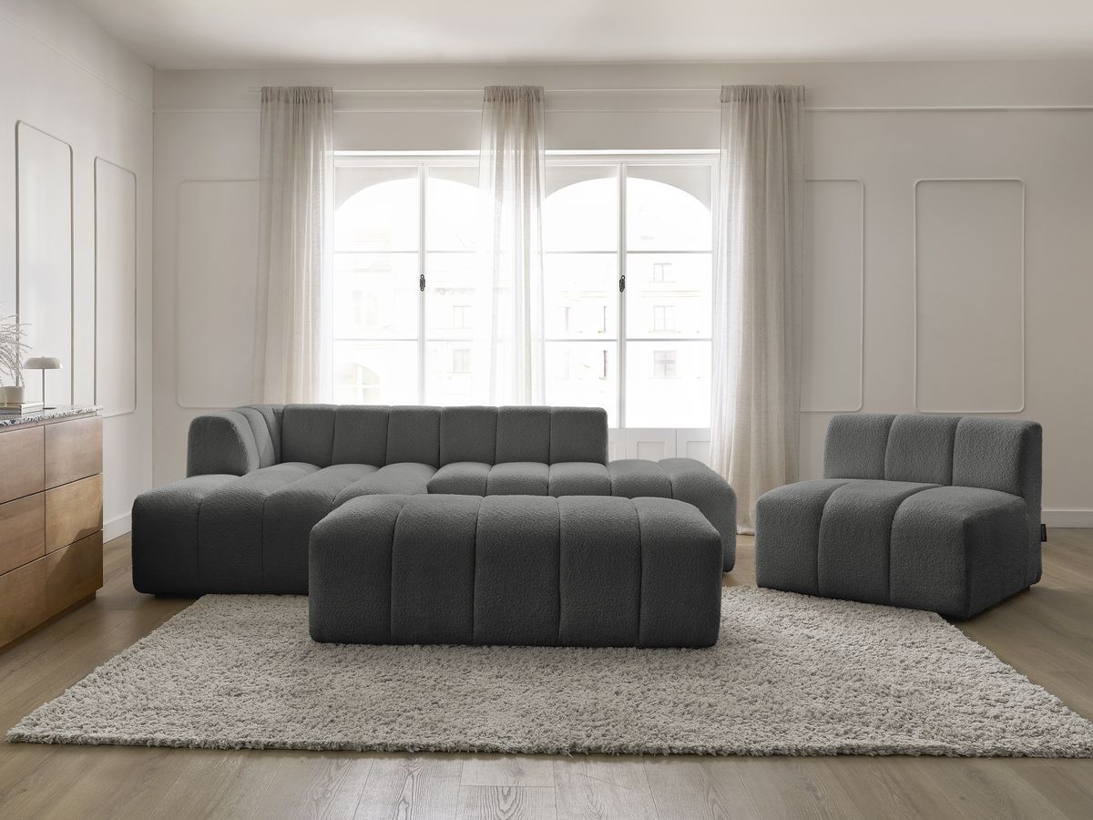 Canapé d'angle fixe modulable ANNECY tissu bouclette avec 1 chauffeuse 1 place et 1 pouf gris foncé angle gauche BOBOCHIC 5 places - Vue supplémentaire 3