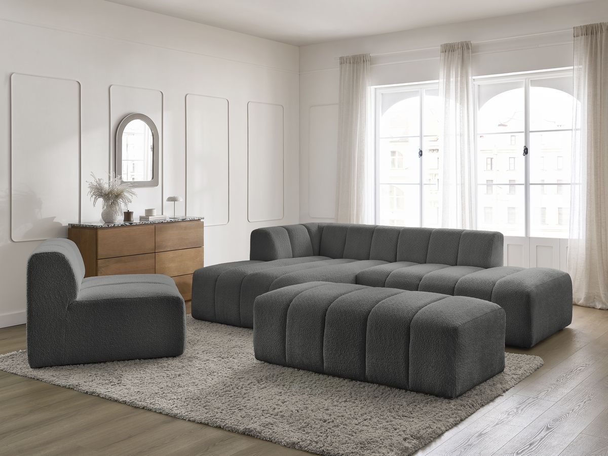 ANNECY modulaire vaste hoekbank in badstof met 1 enkele fauteuil en 1 poef