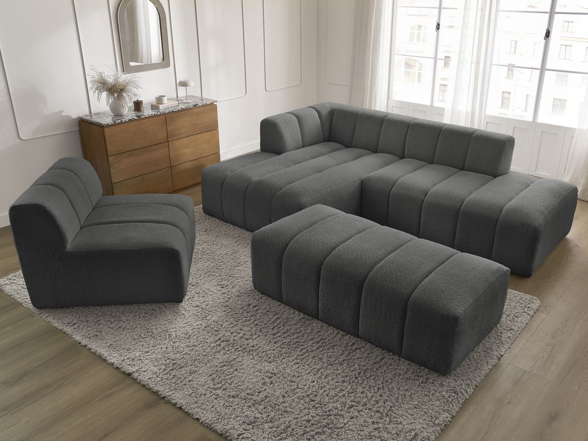 ANNECY modulaire vaste hoekbank in badstof met 1 enkele fauteuil en 1 poef