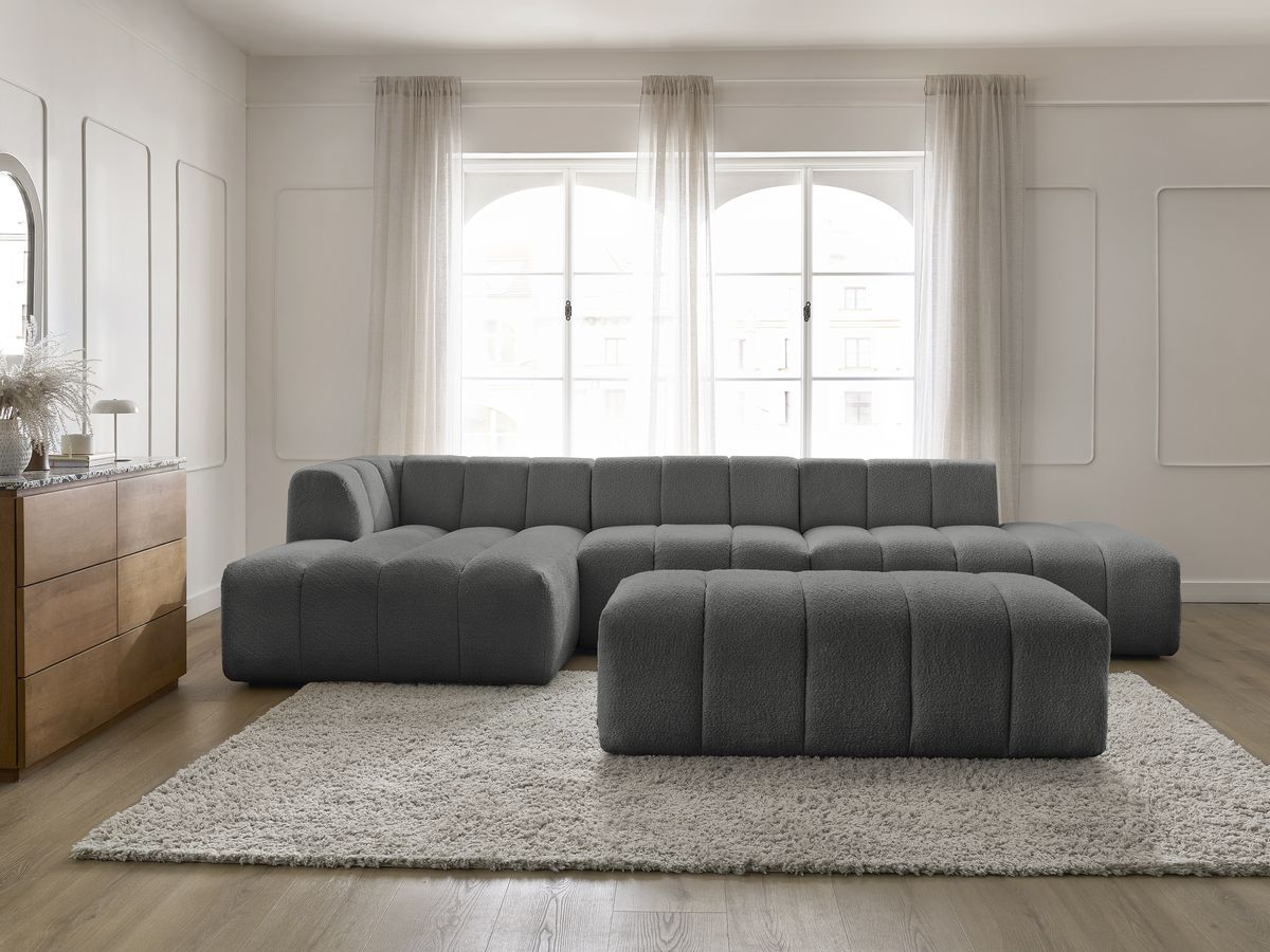 ANNECY modulaire vaste hoekbank in badstof met 1 enkele fauteuil en 1 poef