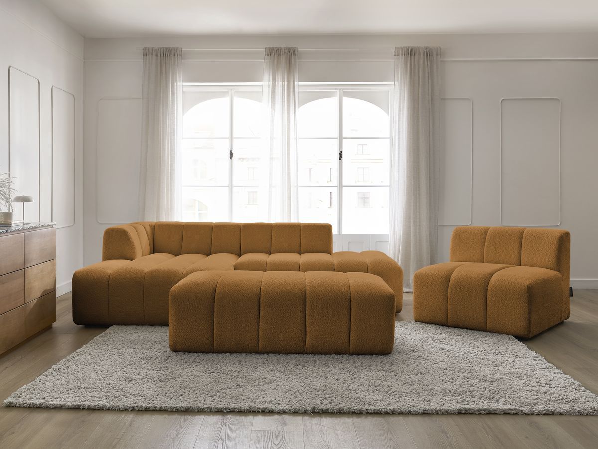 Canapé d'angle fixe modulable ANNECY tissu bouclette avec 1 chauffeuse 1 place et 1 pouf jaune angle gauche BOBOCHIC 5 places - Vue supplémentaire 3