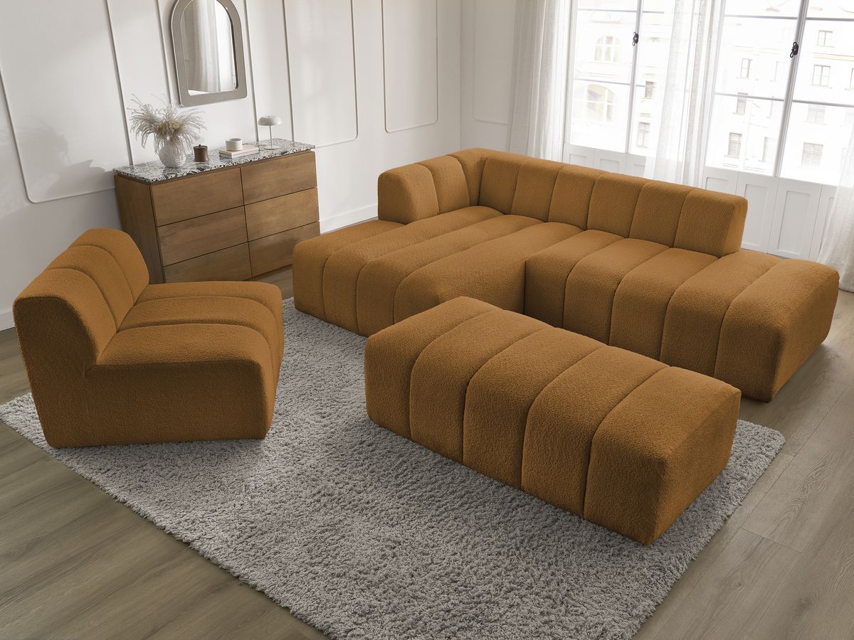 Canapé d'angle fixe EVEREST tissu chiné - Orange - Angle droit - 10 coussins