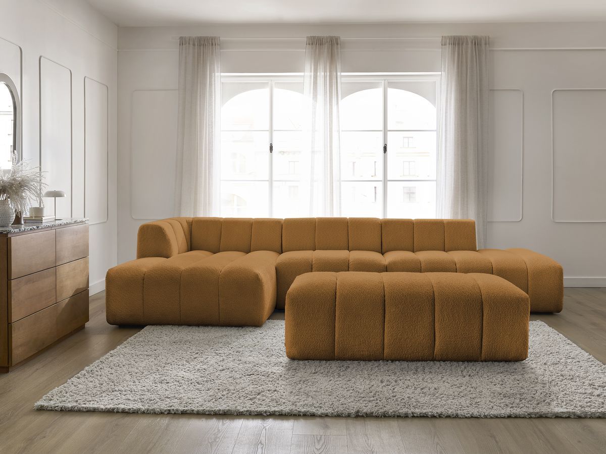 Canapé d'angle fixe EVEREST tissu chiné - Orange - Angle droit - 10 coussins