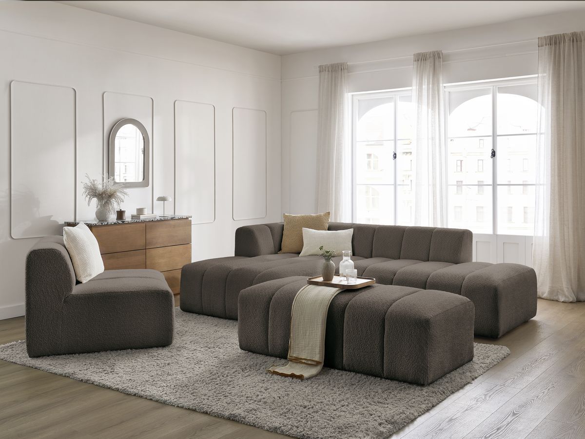 ANNECY modulaire vaste hoekbank in badstof met 1 enkele fauteuil en 1 poef