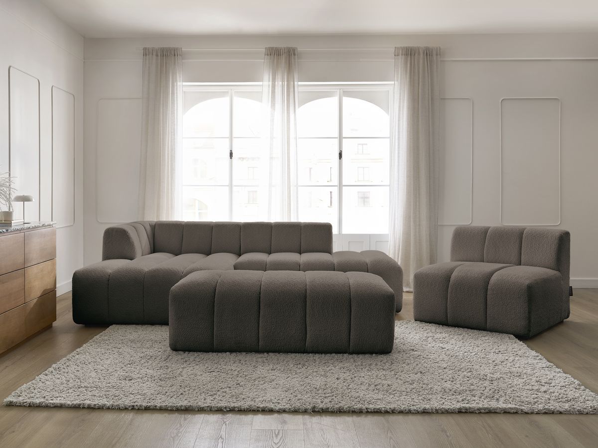 Canapé d'angle fixe modulable ANNECY tissu bouclette avec 1 chauffeuse 1 place et 1 pouf marron angle gauche BOBOCHIC 5 places - Vue supplémentaire 3