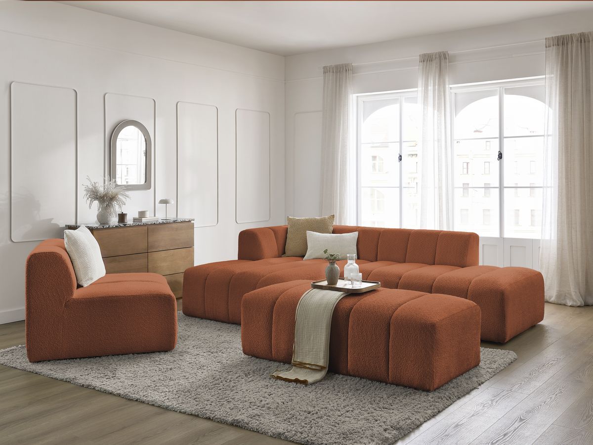 ANNECY modulaire vaste hoekbank in badstof met 1 enkele fauteuil en 1 poef