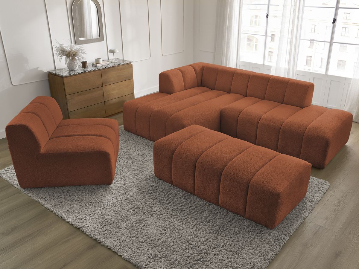 ANNECY modulaire vaste hoekbank in badstof met 1 enkele fauteuil en 1 poef