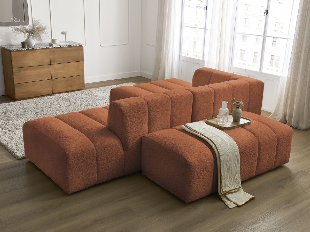 ANNECY modulaire vaste hoekbank in badstof met 1 enkele fauteuil en 1 poef